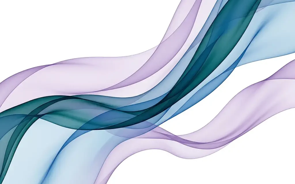 Translucent blue, teal, and lavender ribbon waves overlapping in smooth fluid curves against a white background, creating luminous depth.