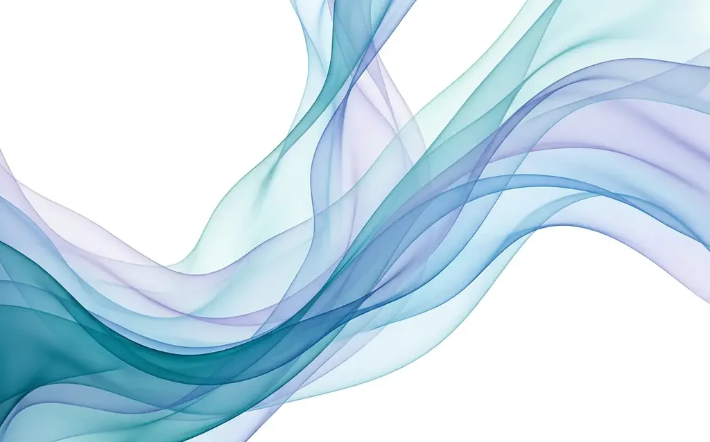 Translucent ribbons of blue, teal, and violet flowing in smooth overlapping waves against a white background, creating luminous depth.