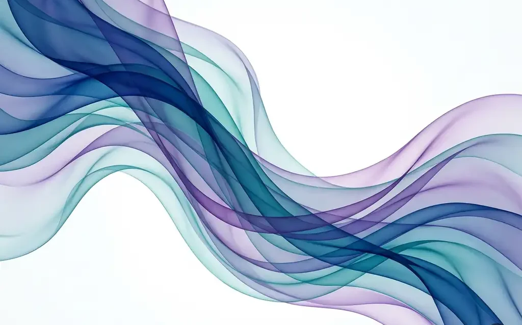 Translucent ribbons of deep blue, teal, and violet flowing in overlapping waves against a white background, creating luminous layered depth.