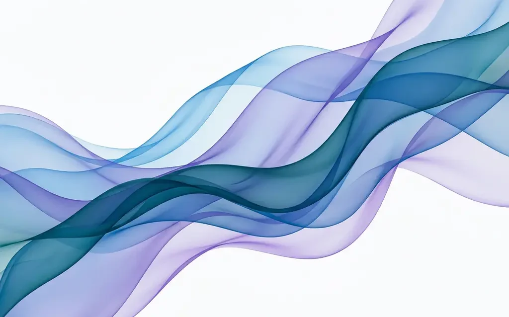 Translucent blue, teal, and violet ribbon waves flowing in smooth organic curves against a white background, creating luminous layered depth.