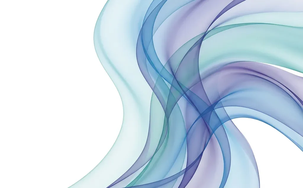 Translucent blue, teal, and violet ribbon waves layered in smooth organic curves over a white background, creating luminous depth.