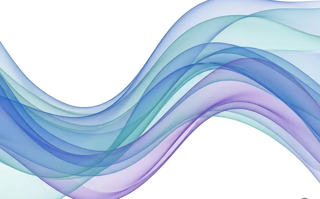 Translucent blue, teal, and violet ribbon waves flowing in smooth organic curves across a white background with luminous layered depth.