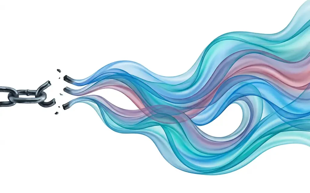 Broken chain link dissolving into flowing translucent blue, teal, and rose ribbons, symbolizing interrupted flow in fluid abstract digital art.