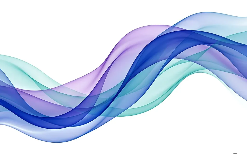 Translucent cobalt blue, purple, and teal ribbon waves flowing in smooth organic curves against a white background, creating layered depth.