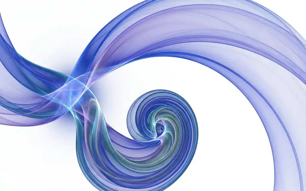 Two translucent cobalt blue and violet ribbon forms diverging from a shared origin, one sweeping wide, one tightly coiled, with luminous teal interference patterns.