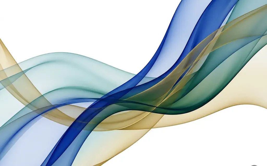 Translucent cobalt blue, teal, and gold silk-like ribbons flowing in smooth organic waves over white negative space with luminous overlapping gradients.