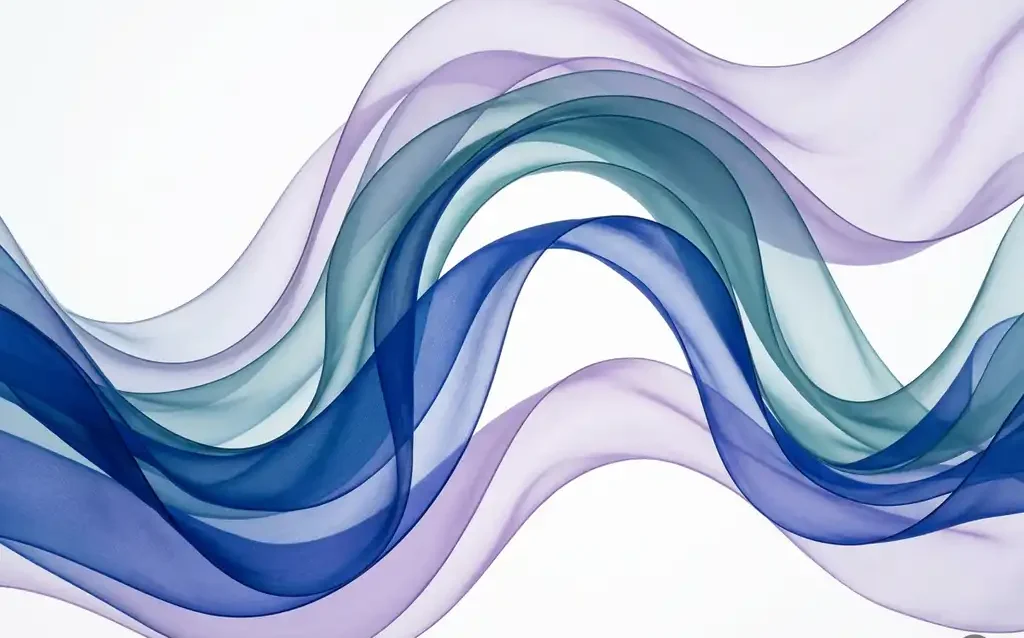 Translucent cobalt blue, teal, and lavender ribbons flowing in smooth organic waves over white space, creating luminous layered depth.