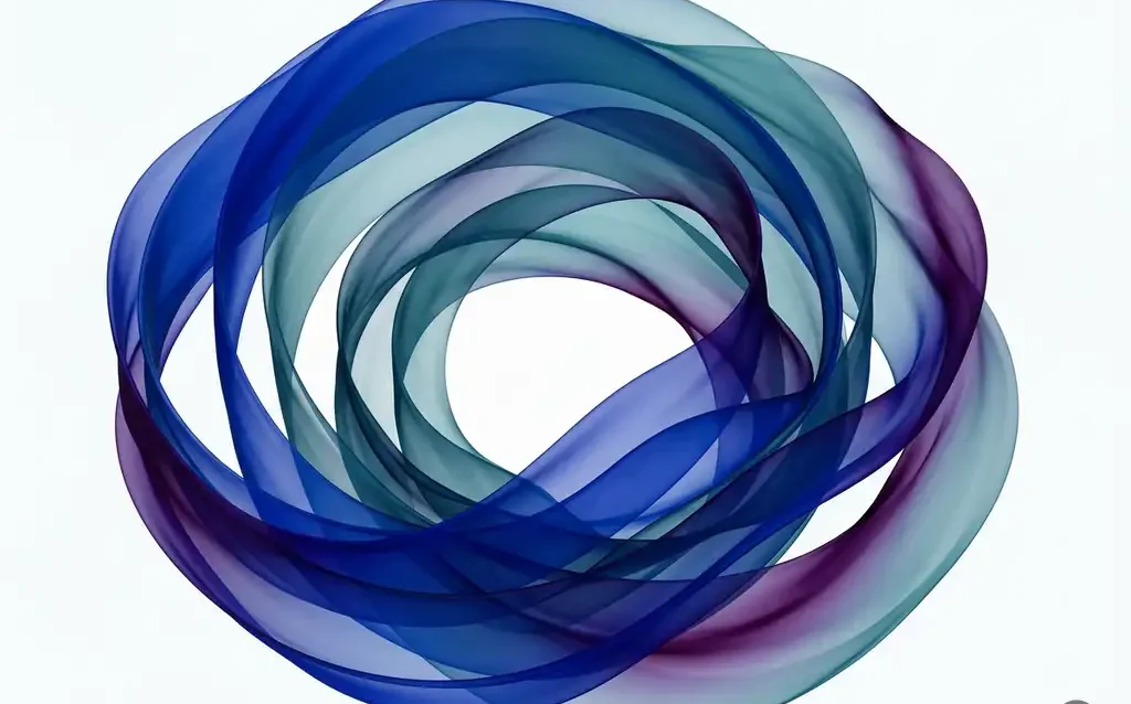 Cobalt blue and teal translucent ribbons curling inward in overlapping waves with purple-edged gradients, suggesting protection and containment.