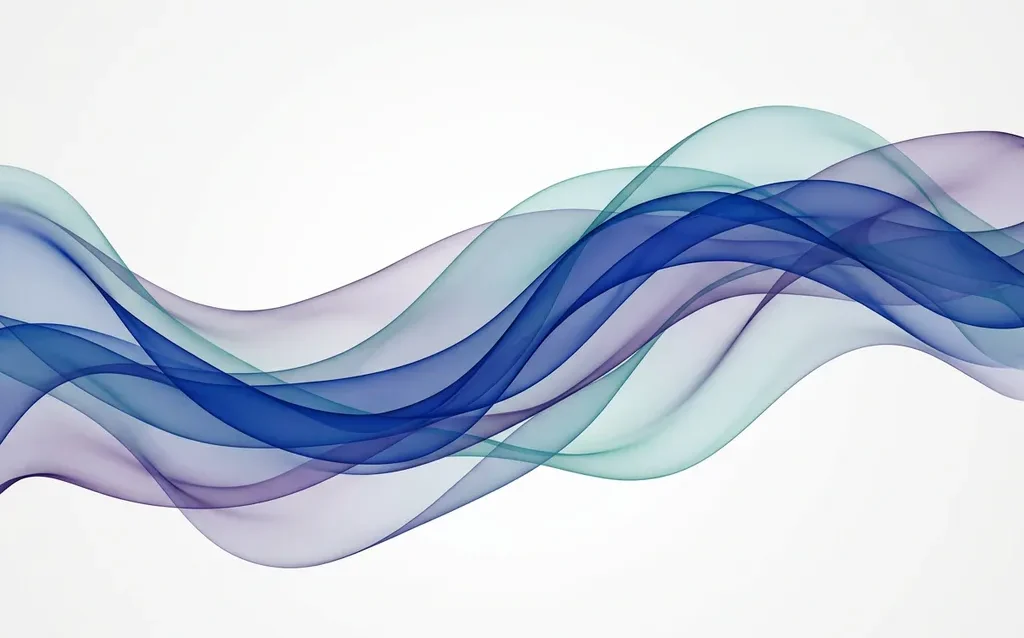 Translucent cobalt blue, teal, and violet ribbons flowing in smooth overlapping waves against a white background, creating luminous depth.
