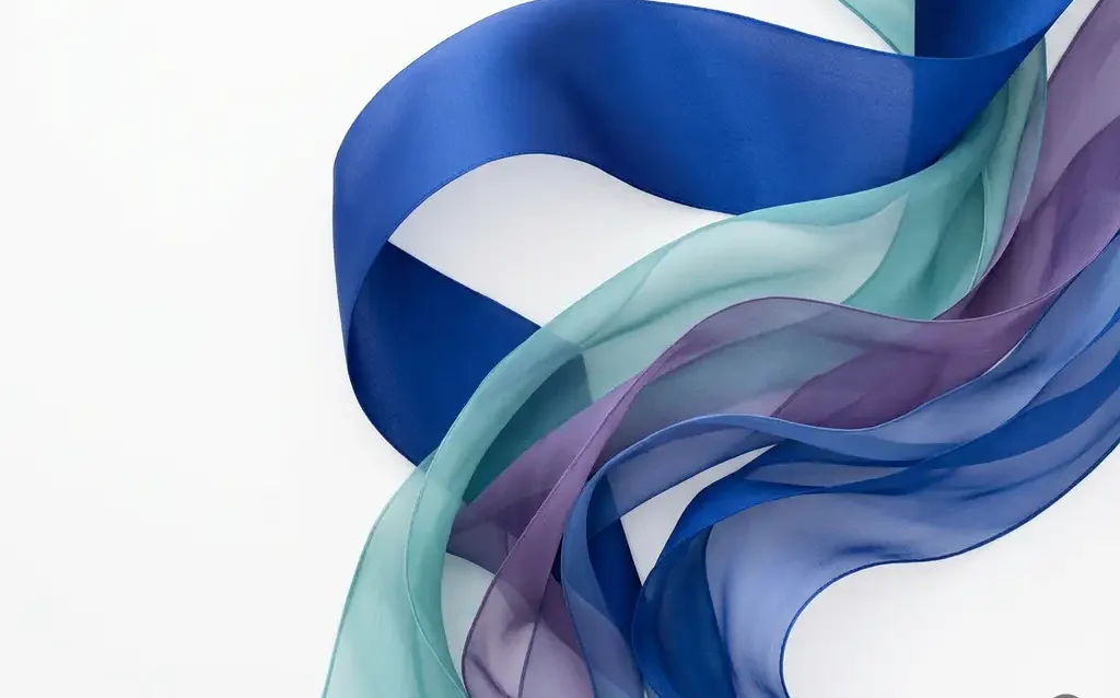 Translucent cobalt blue, teal, and violet ribbons flowing in overlapping waves against a white background, creating luminous depth.