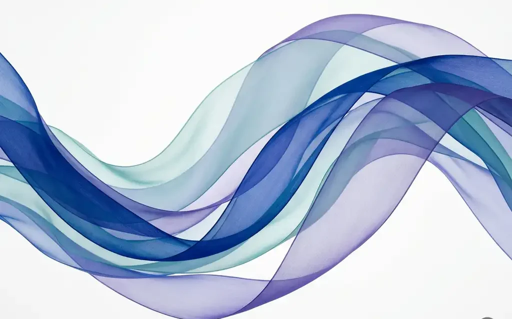 Translucent cobalt blue, teal, and violet ribbon waves flowing in smooth organic curves against a white background.