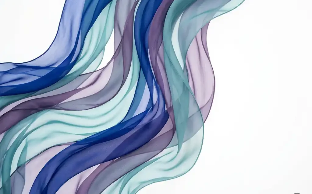 Flowing translucent ribbons in cobalt blue, teal, and violet overlap in soft organic waves against a white background.