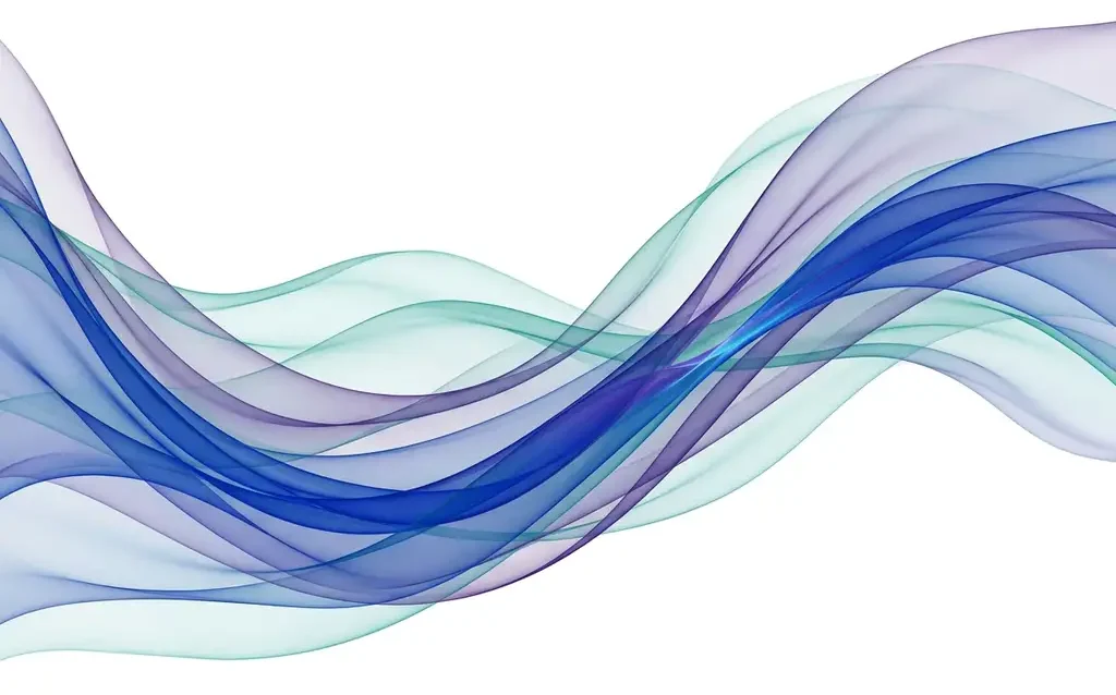 Translucent cobalt blue, teal, and violet ribbon waves overlapping in smooth organic curves against a white background, creating luminous layered depth.