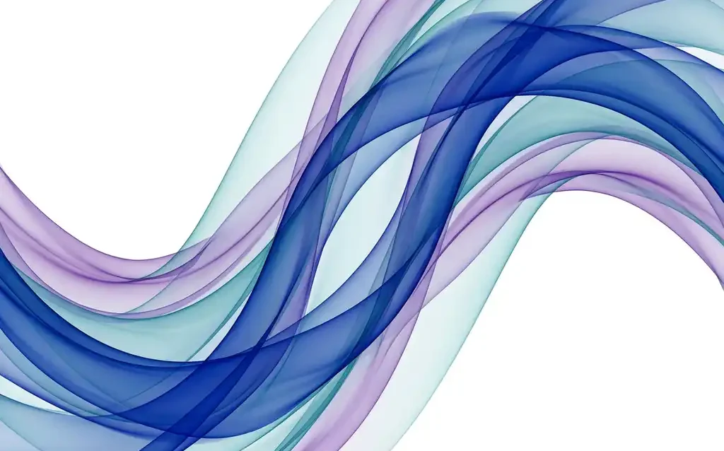 Translucent cobalt blue, teal, and violet ribbon waves overlapping in smooth organic curves against a white background, creating luminous layered depth.