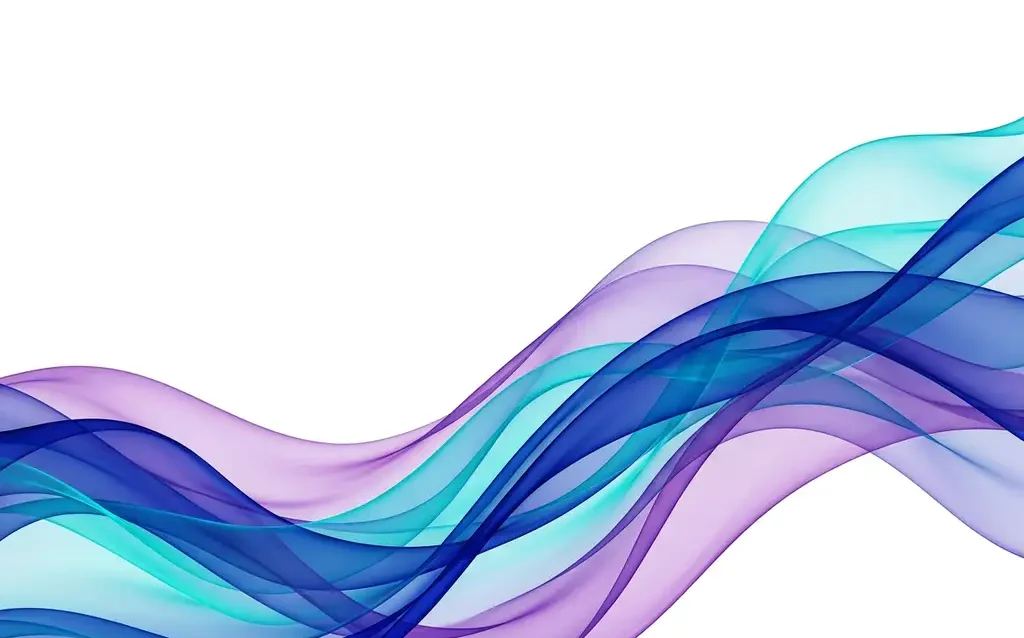 Translucent cobalt blue, teal, and violet ribbons flowing in overlapping organic waves against a white background with smooth gradient depth.