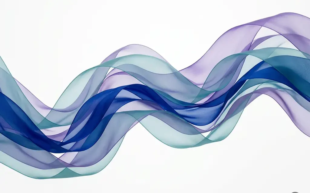 Translucent cobalt blue, teal, and violet ribbon waves layered in flowing curves across a white background.