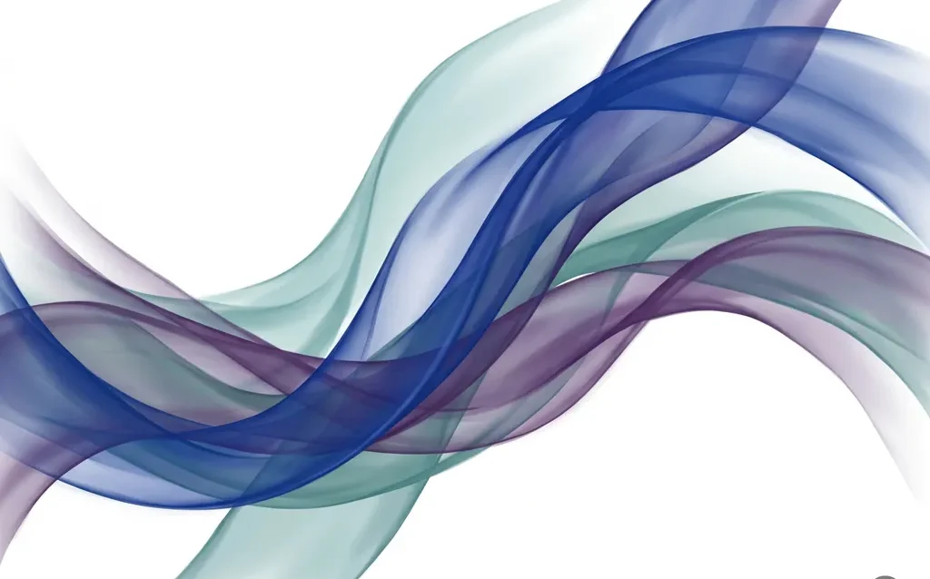 Translucent silk ribbons in cobalt blue, teal, and violet flowing in organic S-shaped waves across white space with luminous layered depth.