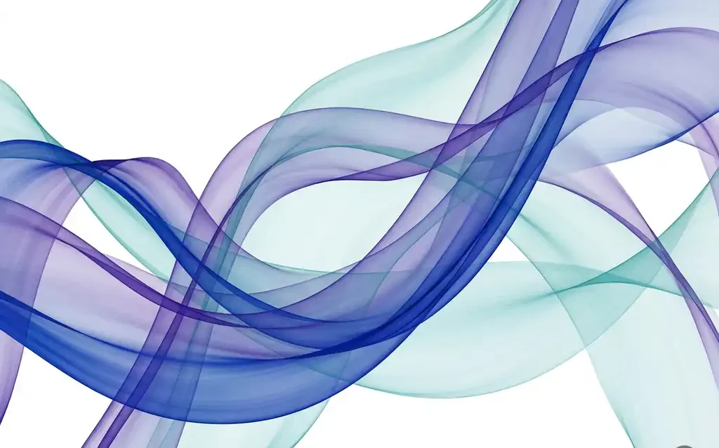 Translucent cobalt blue, violet, and teal ribbon waves overlapping in smooth organic curves against a white background, creating luminous layered depth.
