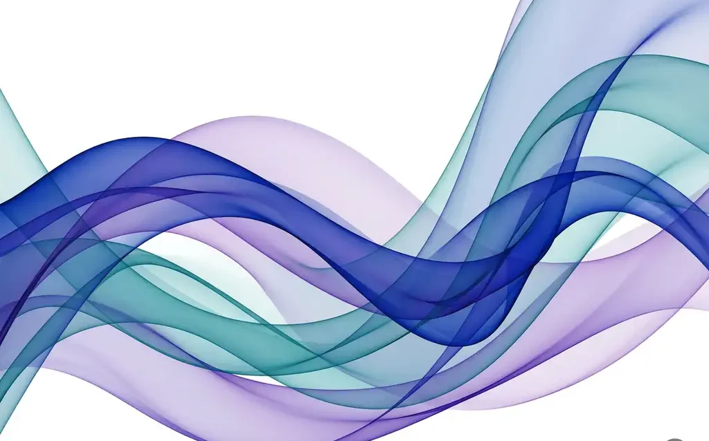 Translucent cobalt blue, violet, and teal ribbon waves overlapping in smooth organic curves against a white background, creating luminous layered depth.