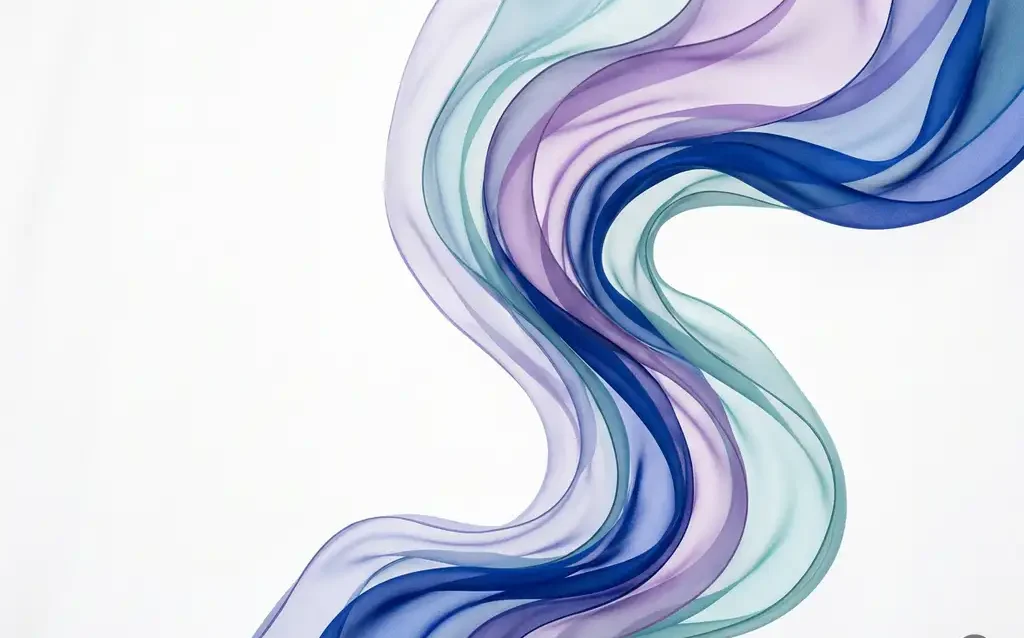 Translucent cobalt blue, violet, and teal ribbon waves overlapping in smooth organic curves against a white background, creating luminous layered depth.
