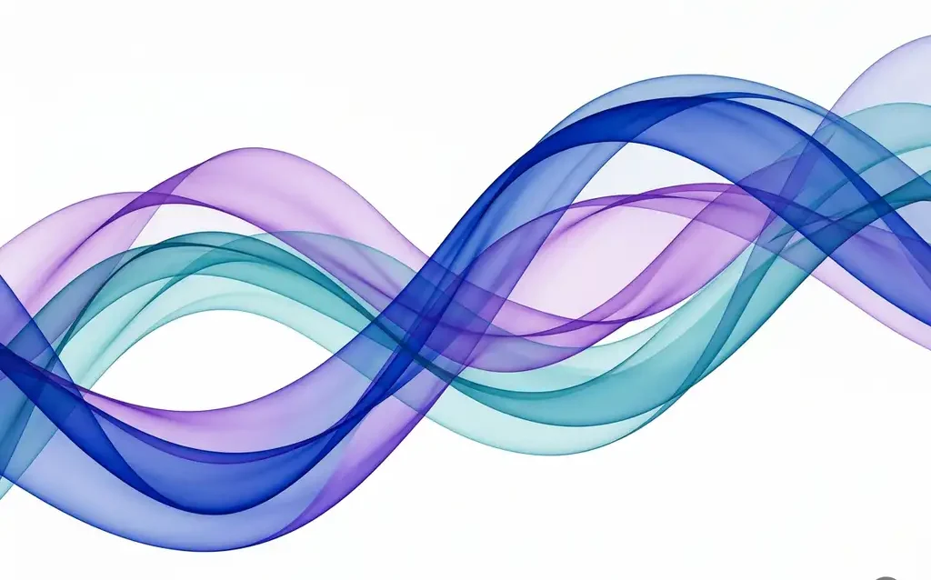 Translucent cobalt blue, violet, and teal ribbon waves overlapping in smooth fluid curves against a white background, creating luminous layered depth.