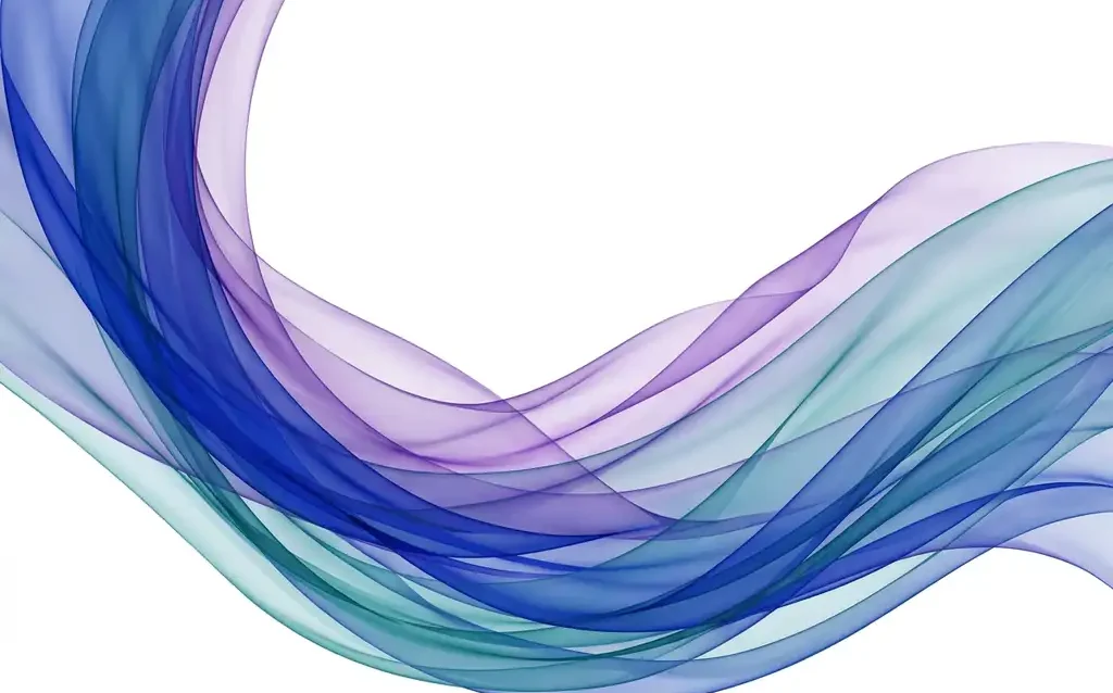 Cobalt blue, violet, and teal translucent silk ribbons flowing in overlapping curves against a white background, creating luminous layered depth.
