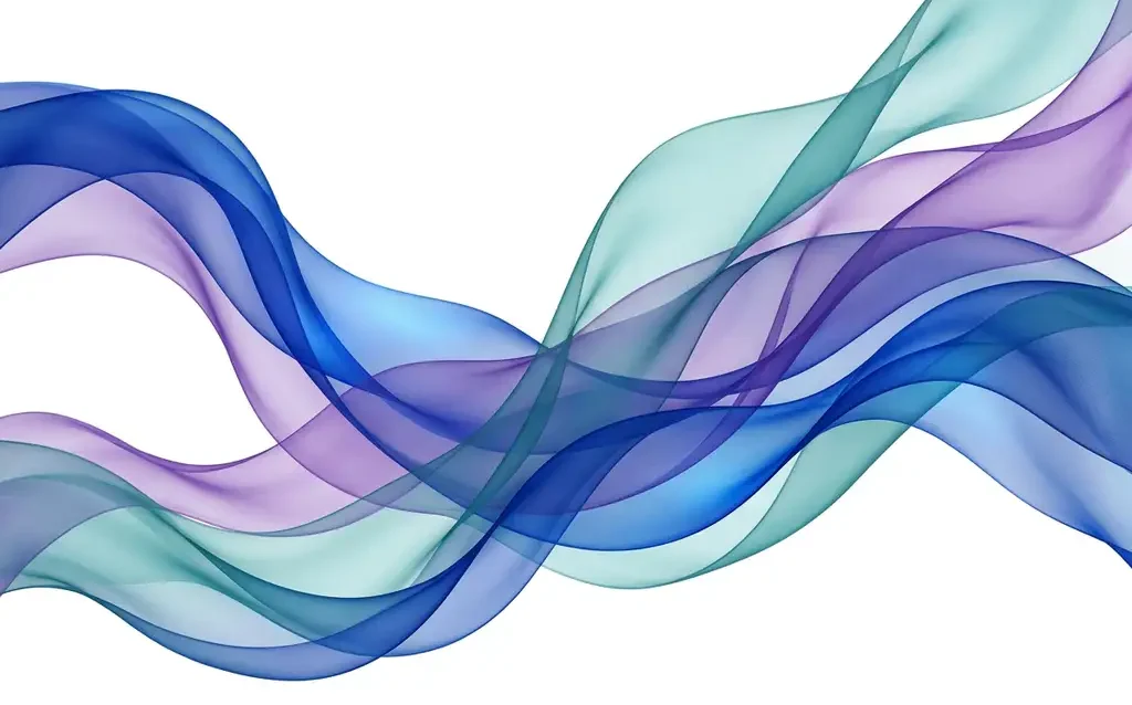 Cobalt blue, violet, and teal silk ribbons flowing in translucent overlapping waves against a white background, creating luminous depth and fluid motion.