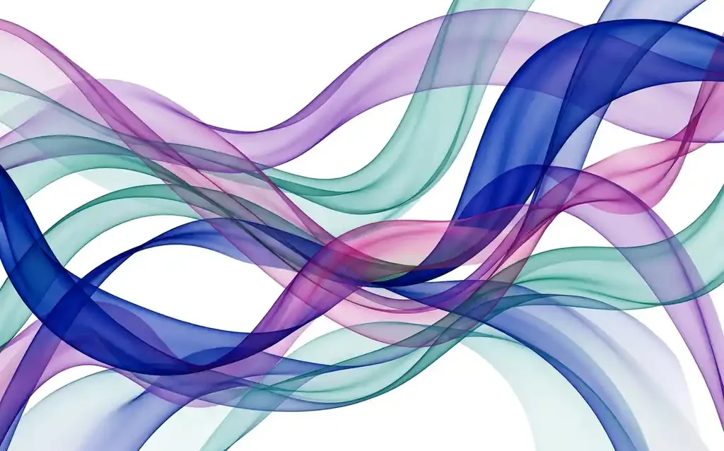 Translucent silk ribbons in cobalt blue, violet, and teal overlapping in fluid curves against a white background, creating layered depth and elegant tension.