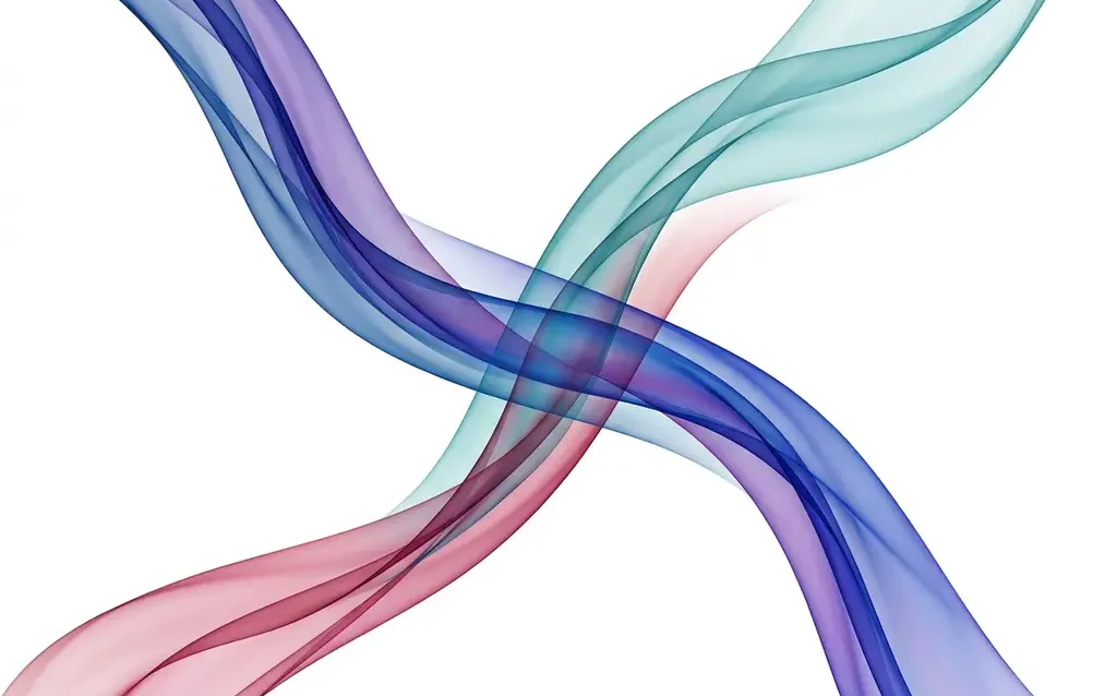 Four translucent color ribbons in blue, purple, teal, and rose arcing gracefully across white space, overlapping at center to create luminous depth.
