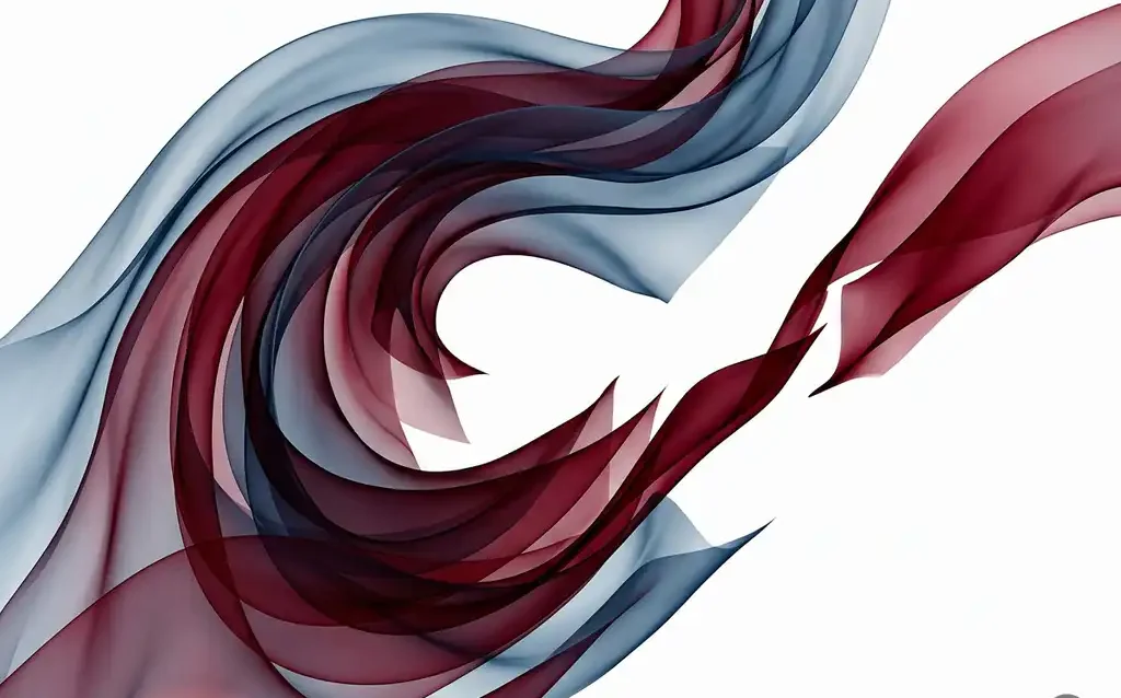 Crimson and steel blue translucent ribbons layering over white, sharp-edged waves curling inward with a severed ribbon creating negative space.