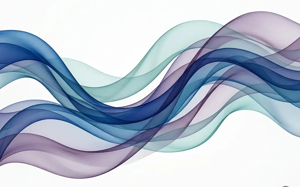Abstract digital artwork with flowing translucent ribbons in deep blue, teal, and violet curving over a white background with layered depth.