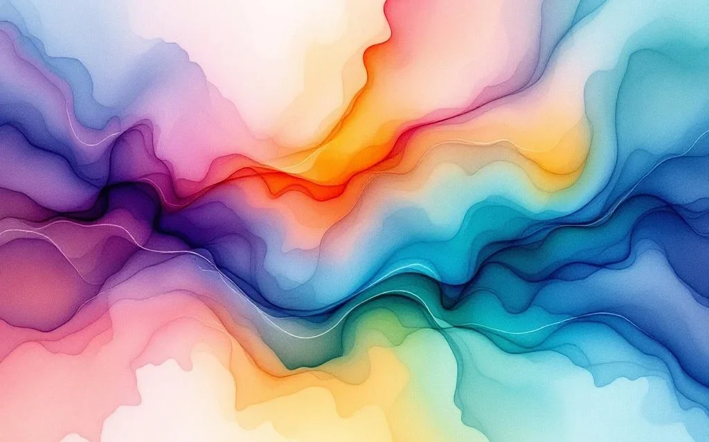 Abstract watercolor with flowing blue, teal, orange and yellow gradients representing digital connectivity and data flow