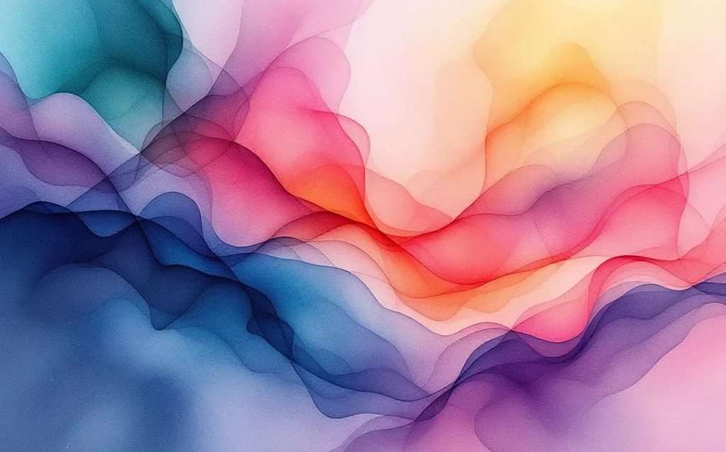 Abstraktes Aquarell mit fließenden Blau-, Lila-, Rot- und Orangetönen für digitale Transformation und KI-Innovation