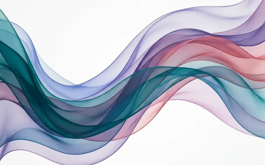 Fließende, transparente Farbwellen in Blaugrün, Kobaltblau, Violett und Rosé überlagern sich auf weißem Hintergrund.