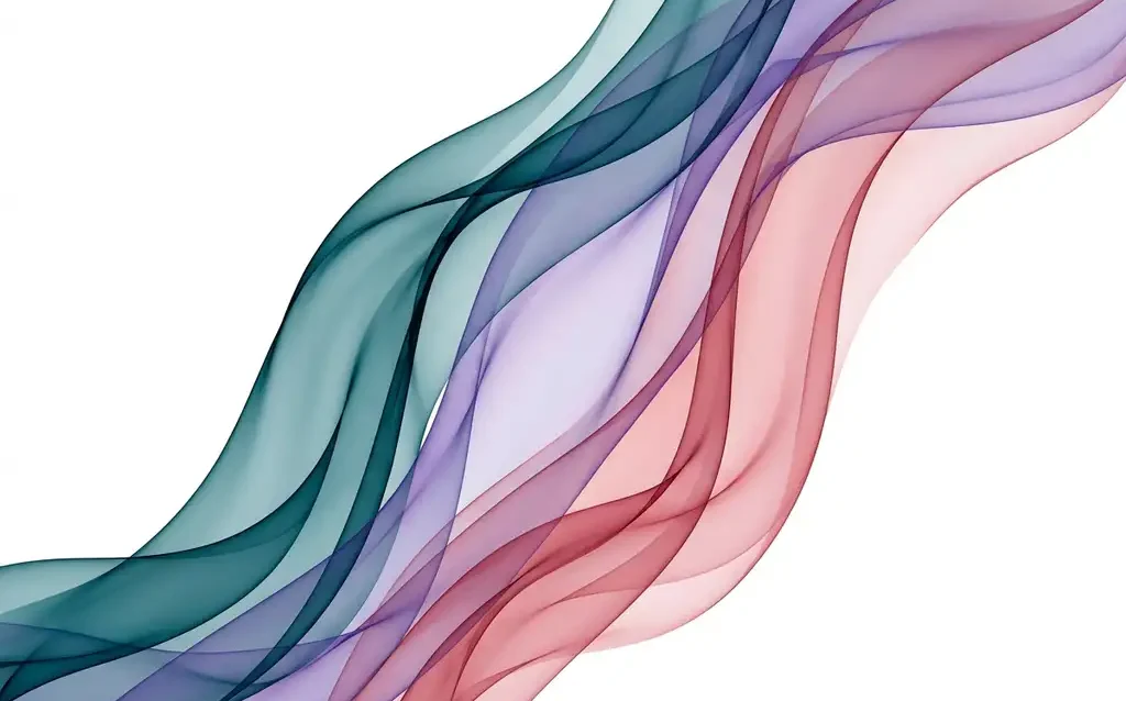Abstrakte, transparente Farbwellen in Petrol, Violett und Rosa fließen organisch über weißem Hintergrund mit leuchtender Tiefe.