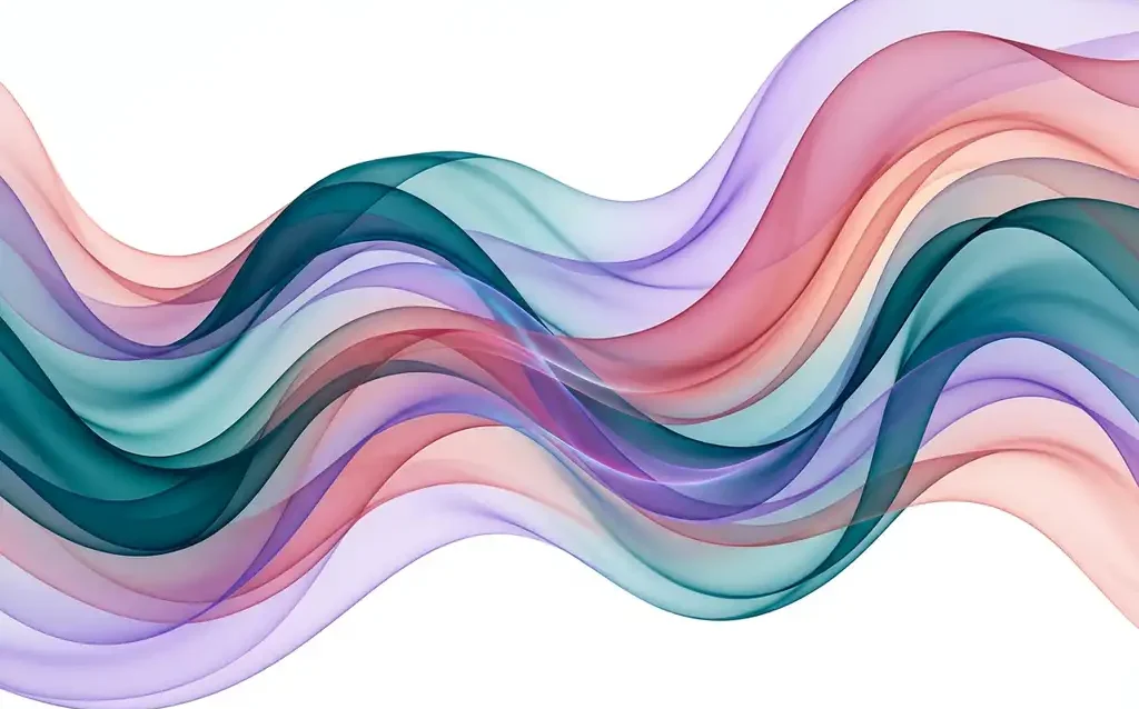 Fließende, halbtransparente Farbbänder in Petrol, Violett und Rosé wellen sich elegant über weißem Hintergrund.