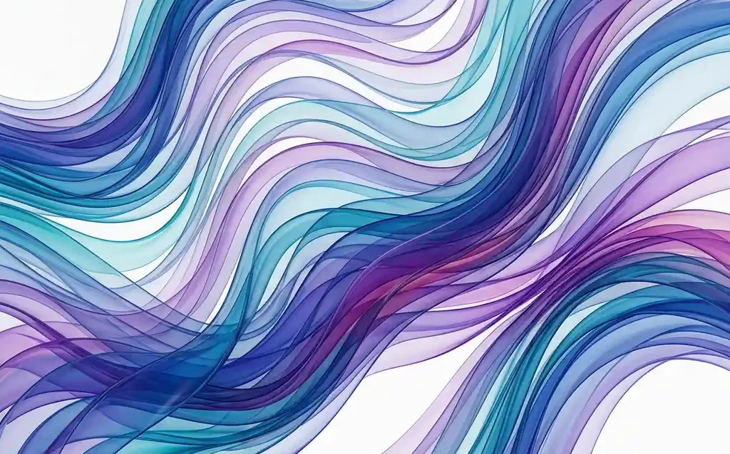 Fließende, transparente Farbbänder in Blau, Türkis und Violett mit wellenförmigen Kurven und leuchtender Tiefe auf weißem Hintergrund.