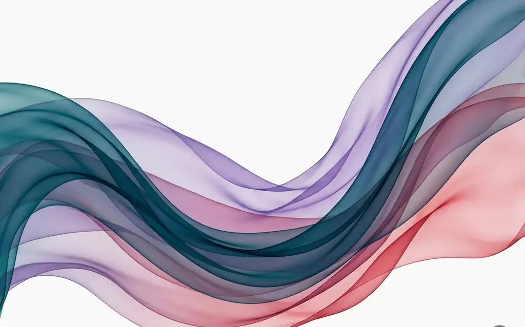 Flödande genomskinliga sidenband i teal, violett och rosenrött smälter samman i eleganta organiska vågor mot vit bakgrund.
