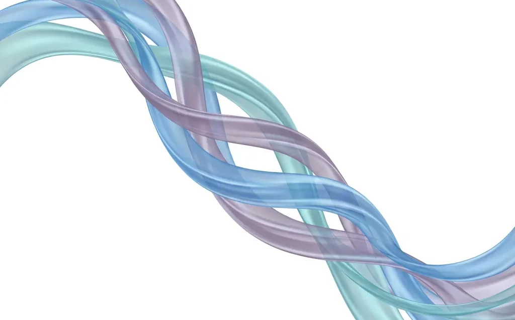 Translucent blue, teal, and lavender ribbon waves flowing in smooth organic curves against a white background, creating luminous layered depth.