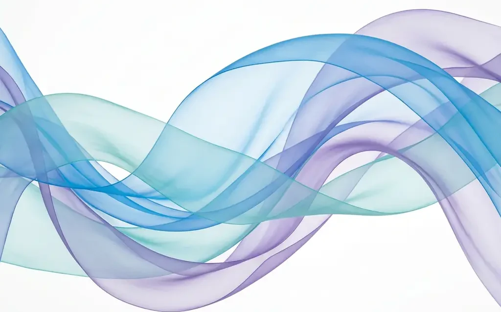 Translucent blue, teal, and violet ribbon waves flowing in smooth curves over a white background, creating luminous layered depth.
