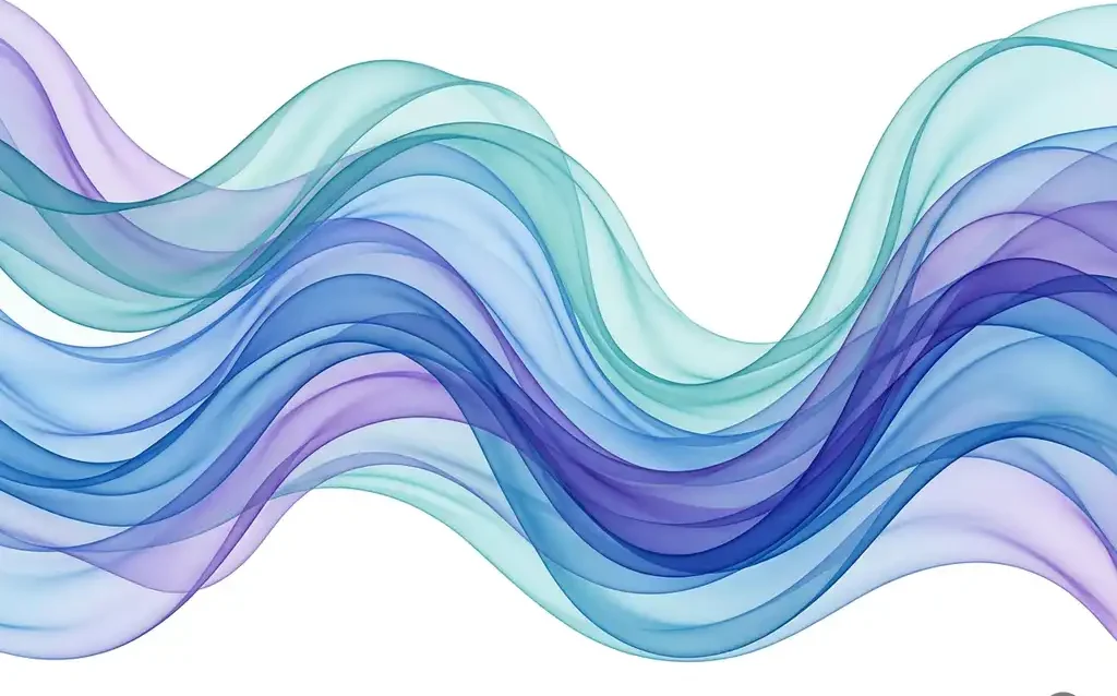 Translucent blue, teal, and violet ribbon waves flowing in smooth organic curves across a white background, creating luminous layered depth.