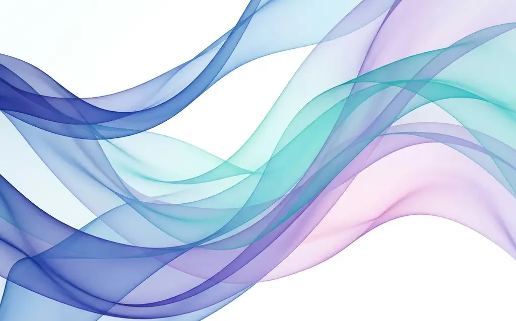 Translucent ribbons in blue, teal, and violet flowing in smooth organic waves against a white background with luminous layered depth.