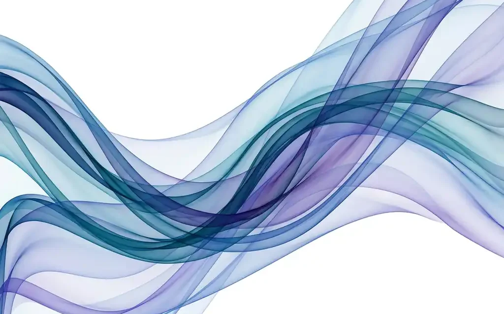 Translucent blue, teal, and violet ribbon waves layered in smooth organic curves against a white background, creating luminous depth.