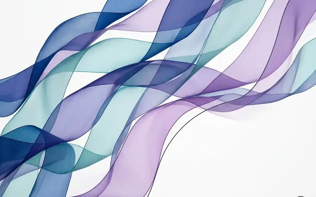 Translucent ribbons of deep blue, teal, and violet flowing in overlapping organic waves, with one ribbon subtly bounded by a geometric edge on a white background.