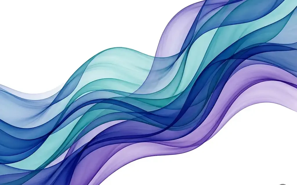 Translucent ribbons of deep blue, teal, and violet flowing in smooth organic waves against a white background, creating layered luminous depth.