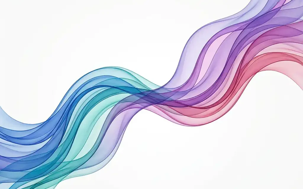 Two translucent color ribbon streams in sapphire blue, teal, violet, and rose converging at center with layered glass-like depth on a white background.