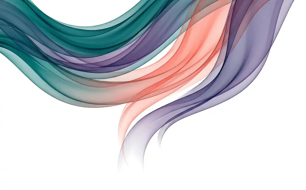 Translucent teal, violet, and coral color ribbons flowing downward in overlapping silk-like waves, fading into white negative space.