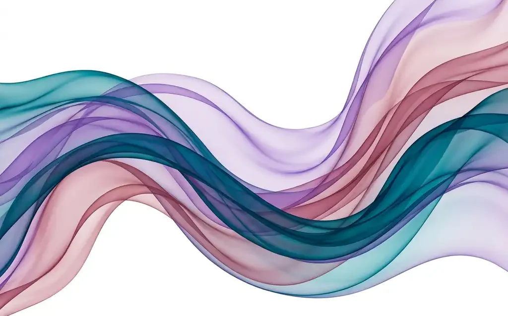 Translucent teal, violet, and dusty rose ribbons flowing in smooth overlapping waves against a white background.