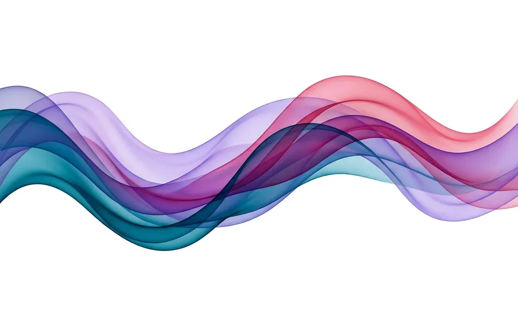 Translucent teal, violet, and rose ribbon waves overlapping in smooth organic curves against a white background, creating luminous layered depth.