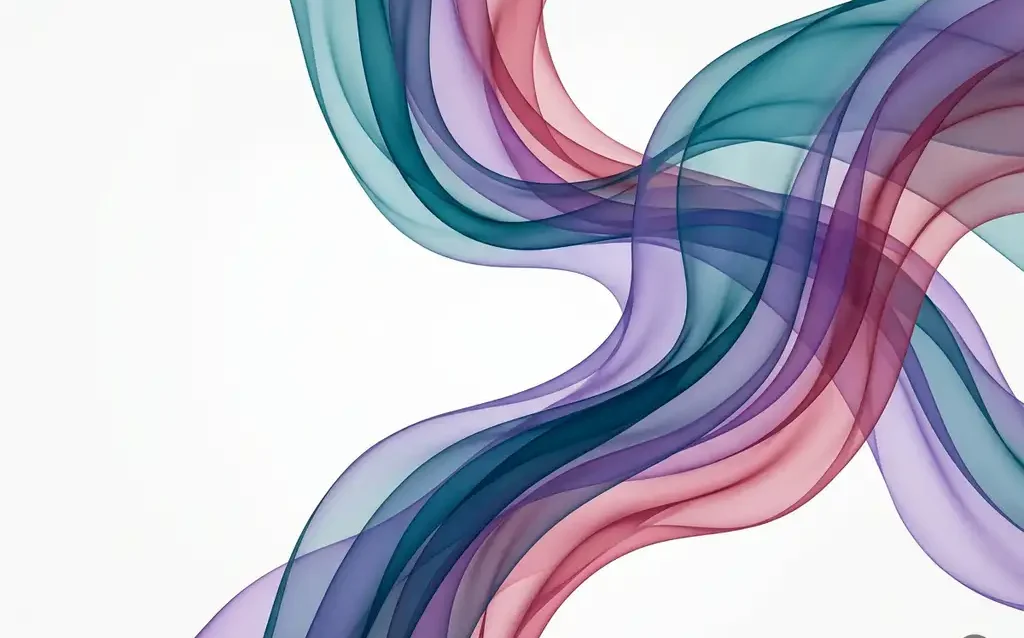 Translucent teal, violet, and rose ribbon waves flowing in smooth organic curves across a white background with luminous overlapping depth.